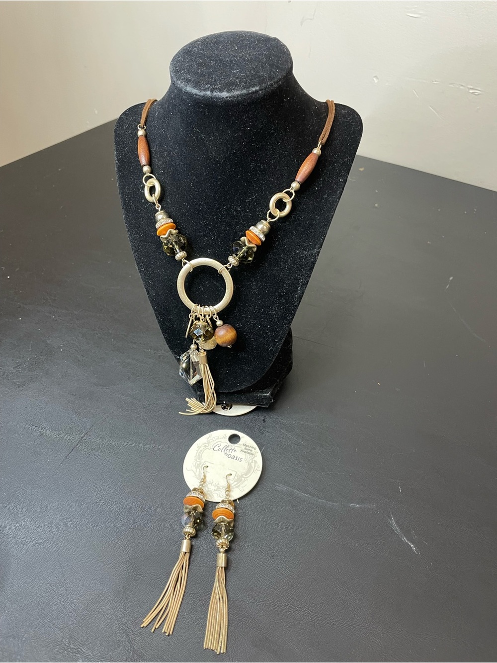 Bohemian Tassel Pendant Necklace and Earrings Set - Brown & Gold